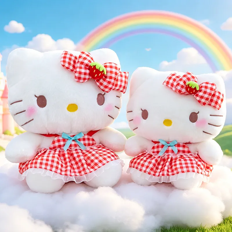 Cute Strawberry Bow Cat Plush Doll – Soft Huggable Stuffed Animal, Sweet Birthday Gift for Girls & Cuddle Companion